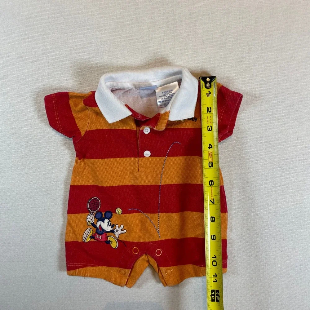 Vintage Disney Mickey Mouse Polo Romper Orange Red Striped Baby -‎ Size Preemie